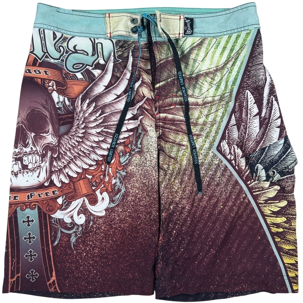 Xzavier Board Shorts Mens 30 (At 33) Skull Wings Cross Y2K MMA Grunge VTG